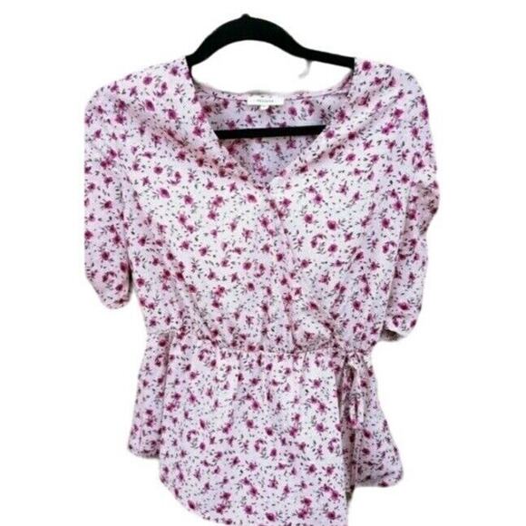 Pleione Cottage Core Top Womans S V Neck Pink Floral Flowy Summer Coquette - Picture 1 of 4